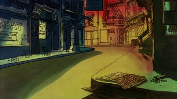 Movie still from “Fritz the Cat” (1972), directed by Ralph Bakshi – An artistic drawing of a street corner with a newspaper on the ground; Extreme Wide shot, High angle