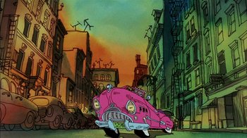 Movie still from “Fritz the Cat” (1972), directed by Ralph Bakshi – An old pink car on the road in a city; Wide shot, Low angle