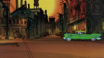 Movie still from “Fritz the Cat” (1972), directed by Ralph Bakshi – A green car driving down a street next to tall buildings; Wide shot, Low angle