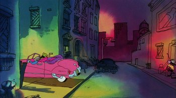 Movie still from “Fritz the Cat” (1972), directed by Ralph Bakshi – A pink car is parked on the side of the road; Extreme Wide shot, Low angle