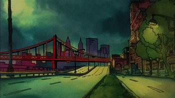 Movie still from “Fritz the Cat” (1972), directed by Ralph Bakshi – A painting of a city with a bridge in the middle of it; Extreme Wide shot, Low angle
