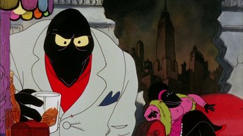Movie still from “Fritz the Cat” (1972), directed by Ralph Bakshi – A man in a white coat and a black mask; Close Up shot, Low angle
