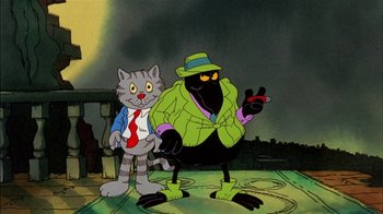 Movie still from “Fritz the Cat” (1972), directed by Ralph Bakshi – Two cartoon characters are standing next to each other; Medium shot, Low angle
