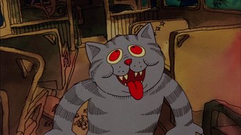 Movie still from “Fritz the Cat” (1972), directed by Ralph Bakshi – A cartoon of a cat with a tongue hanging out of it's mouth; Close Up shot, Overhead angle