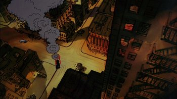 Movie still from “Fritz the Cat” (1972), directed by Ralph Bakshi – An aerial view of a city with smoke billowing out of the buildings; Extreme Wide shot, Overhead angle