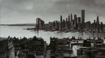 Movie still from “Fritz the Cat” (1972), directed by Ralph Bakshi – A black and white drawing of a city skyline; Extreme Wide shot, High angle