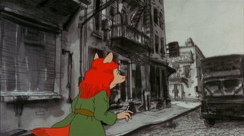 Movie still from “Fritz the Cat” (1972), directed by Ralph Bakshi – An animated fox is standing on the street; Wide shot, High angle