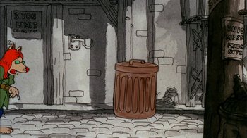 Movie still from “Fritz the Cat” (1972), directed by Ralph Bakshi – An illustration of a trashcan in the middle of a street; Extreme Wide shot, High angle