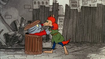 Movie still from “Fritz the Cat” (1972), directed by Ralph Bakshi – An animated scene of a woman and a dog; Wide shot, High angle