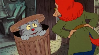 Movie still from “Fritz the Cat” (1972), directed by Ralph Bakshi – A cat in a trash can with a woman looking at it; Medium shot, High angle