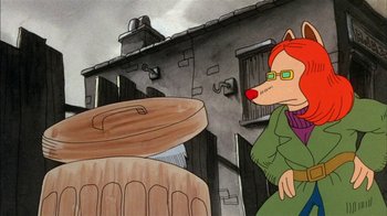 Movie still from “Fritz the Cat” (1972), directed by Ralph Bakshi – A cartoon picture of a woman with a cat on her head; Medium shot, Low angle