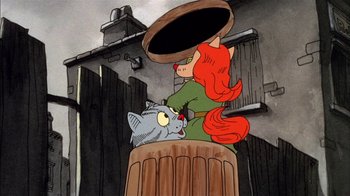 Movie still from “Fritz the Cat” (1972), directed by Ralph Bakshi – A woman with a cat on her head and a cat on her back; Wide shot, Low angle