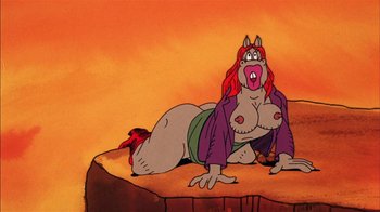 Movie still from “Fritz the Cat” (1972), directed by Ralph Bakshi – An animated woman with horns is sitting on a stump; Wide shot, High angle