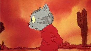 Movie still from “Fritz the Cat” (1972), directed by Ralph Bakshi – A cartoon of a cat with a red shirt on; Close Up shot, Low angle
