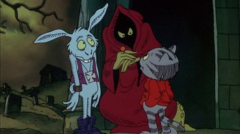 Movie still from “Fritz the Cat” (1972), directed by Ralph Bakshi – A group of cartoon characters standing next to each other; Medium shot, Over the shoulder angle