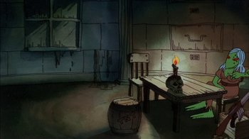 Movie still from “Fritz the Cat” (1972), directed by Ralph Bakshi – An empty room with a table , chair and a skull; Wide shot, High angle