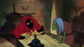 Movie still from “Fritz the Cat” (1972), directed by Ralph Bakshi – Two cartoon characters sitting next to each other on a bed; Medium shot, High angle