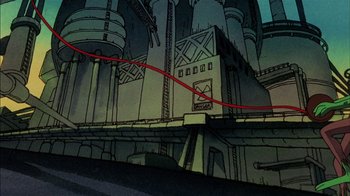 Movie still from “Fritz the Cat” (1972), directed by Ralph Bakshi – View of a building with a red line coming out of it; Extreme Wide shot, Low angle