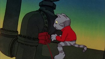 Movie still from “Fritz the Cat” (1972), directed by Ralph Bakshi – A cat sitting on the arm of a man; Medium shot, Low angle