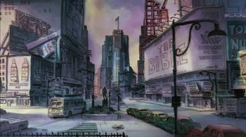 Movie still from “Fritz the Cat” (1972), directed by Ralph Bakshi – An artist's rendering of a city street with buildings; Extreme Wide shot, Low angle