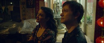 Movie still from “The Walk” (2015), directed by Robert Zemeckis – A man and a woman are looking at something; Close Up shot, Over the shoulder angle