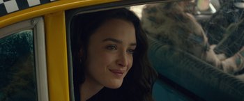 Movie still from “The Walk” (2015), directed by Robert Zemeckis – A person sitting in a car; Close Up shot, Over the shoulder angle