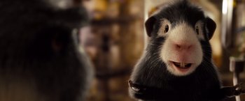 Movie still from “G-Force” (2009), directed by Hoyt Yeatman – The face of a black and white rat; Close Up shot, Low angle
