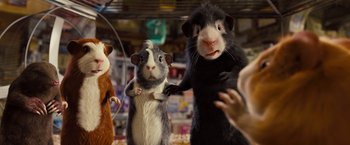 Movie still from “G-Force” (2009), directed by Hoyt Yeatman – A group of stuffed animals standing next to each other in a room; Medium shot, Low angle