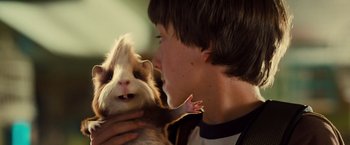 Movie still from “G-Force” (2009), directed by Hoyt Yeatman – A young boy holding a guinea pig in his hands; Close Up shot, Low angle