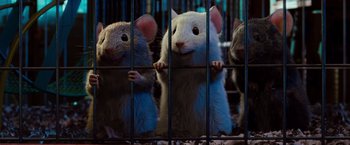 Movie still from “G-Force” (2009), directed by Hoyt Yeatman – A group of small white and brown mice in a cage; Medium shot, Low angle