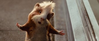 Movie still from “G-Force” (2009), directed by Hoyt Yeatman – A brown and white hamster standing on its hind legs; Close Up shot, Low angle