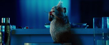 Movie still from “G-Force” (2009), directed by Hoyt Yeatman – A stuffed animal sitting on top of a counter; Close Up shot, Low angle