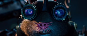 Movie still from “G-Force” (2009), directed by Hoyt Yeatman – The face of an animal wearing goggles; Close Up shot, High angle