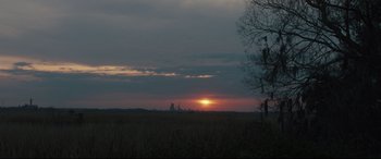 Movie still from “Galveston” (2018), directed by Mélanie Laurent – The sun is setting over a field with trees in the foreground; Extreme Wide shot, Low angle