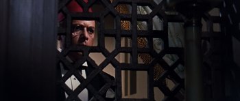 Movie still from “Gambit” (1966), directed by Ronald Neame – A man in a fez looking through a lattice; Close Up shot, Over the shoulder angle