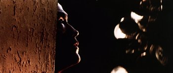 Movie still from “Game of Death” (1978), directed by Robert Clouse – A woman's face is lit up by the light of a window; Extreme Close Up shot, Low angle
