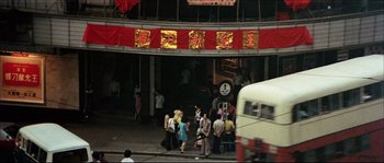 Movie still from “Game of Death” (1978), directed by Robert Clouse – A group of people standing on the sidewalk; Extreme Wide shot, High angle