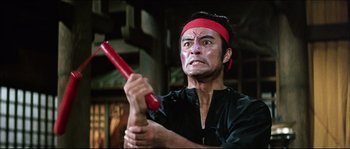 Movie still from “Game of Death” (1978), directed by Robert Clouse – A man holding a baseball bat in a room; Medium shot, Low angle