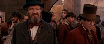 Movie still from “Gangs of New York” (2002), directed by Martin Scorsese – A group of men standing next to each other; Medium shot, Over the shoulder angle