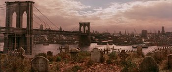 Movie still from “Gangs of New York” (2002), directed by Martin Scorsese – An image of a graveyard near the water; Extreme Wide shot, High angle