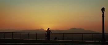 Movie still from “Gangster Squad” (2013), directed by Ruben Fleischer – A person walking a dog on a leash; Extreme Wide shot, Low angle