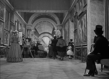 Movie still from “Gervaise” (1956), directed by René Clément – A black and white photo of people dressed in period costumes; Wide shot, High angle