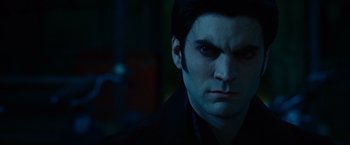 Movie still from “Ghost Rider” (2007), directed by Mark Steven Johnson – A person wearing a black shirt; Close Up shot, Low angle