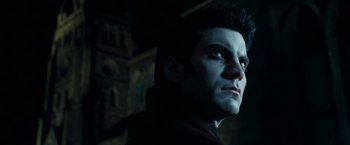 Movie still from “Ghost Rider” (2007), directed by Mark Steven Johnson – A person looking up at the sky; Close Up shot, Low angle