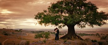 Movie still from “Ghost Rider” (2007), directed by Mark Steven Johnson – Two people hugging under a tree on a hill; Wide shot, Low angle