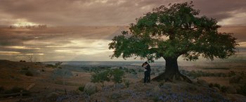 Movie still from “Ghost Rider” (2007), directed by Mark Steven Johnson – A man and a woman standing next to a large tree; Extreme Wide shot, High angle