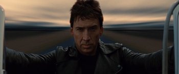 Movie still from “Ghost Rider” (2007), directed by Mark Steven Johnson – A person wearing a leather jacket; Close Up shot, Low angle