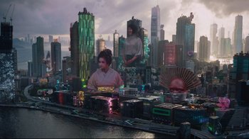 Movie still from “Ghost in the Shell” (2017), directed by Rupert Sanders – A group of people standing on top of a building; Extreme Wide shot, High angle