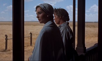 Movie still from “Giant” (1956), directed by George Stevens – Two people standing next to each other on a field; Medium shot, Low angle