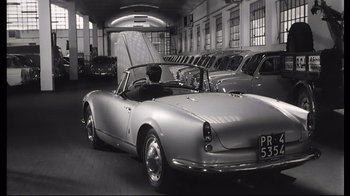 Movie still from “Girl with a Suitcase” (1961), directed by Valerio Zurlini – An old photo of a car parked in a garage; Wide shot, High angle